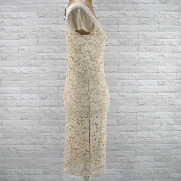 LOVE CHELSEY Dress Lace Bodycon Floral Summer Stretch Midi Neutral Tan Medium - Picture 4 of 14